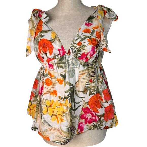Chelsea & Violet Tropical Floral Linen Blend Babydoll Y2K Tie Straps Tank Top M - Picture 8 of 12